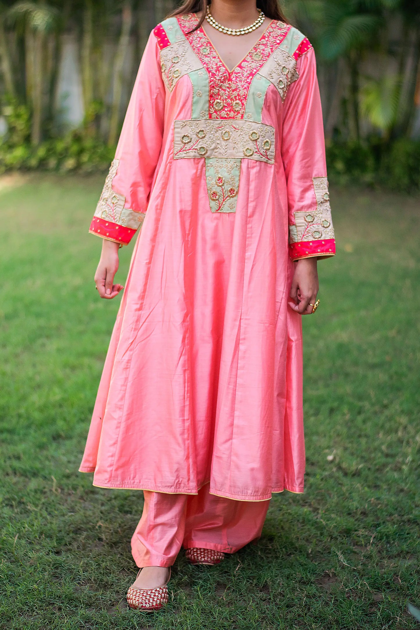 Pink chanderi anarkali kurta, green chanderi dupatta & pink palazzo with zardozi work