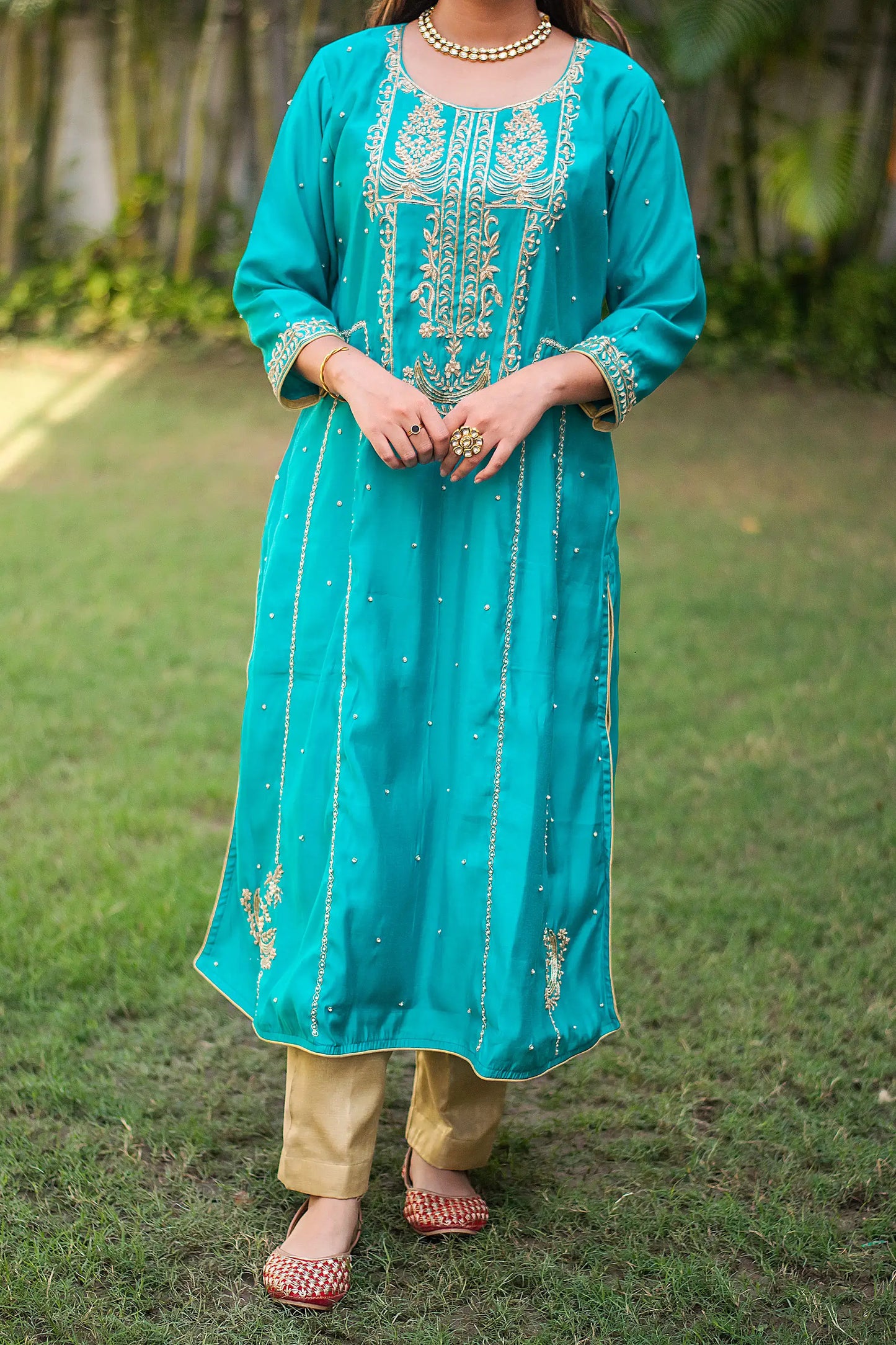Blue silk kurta, blue chiffon dupatta & golden trousers with zardozi work