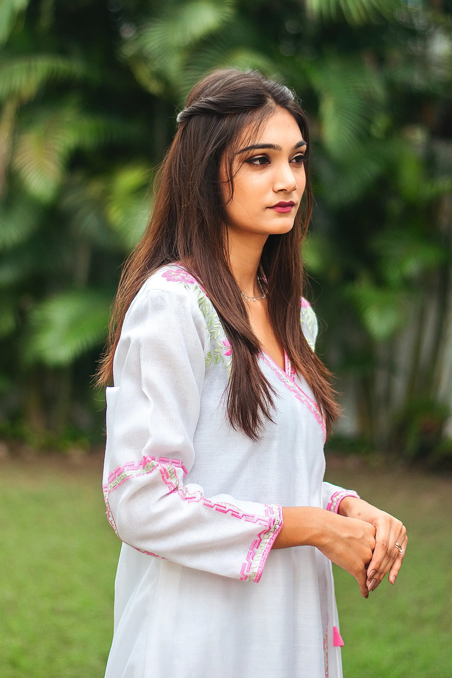 White chanderi resham embroidered angarkha and dupatta with white palazzo