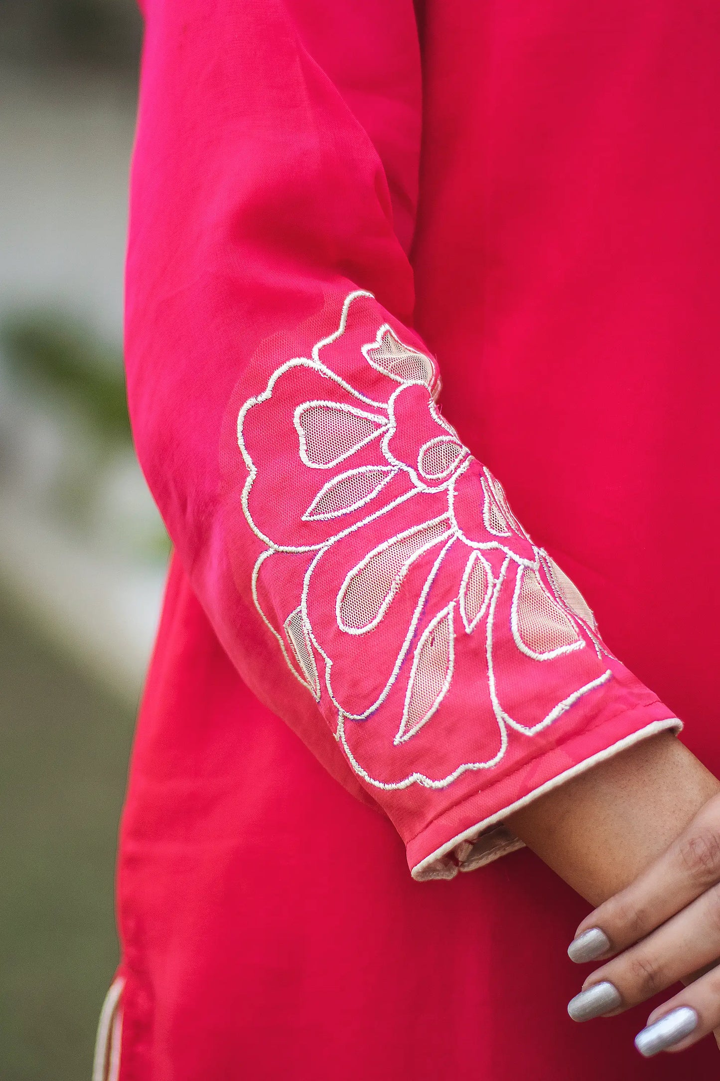 Red organza cutwork kurta and dupatta with gold trouser