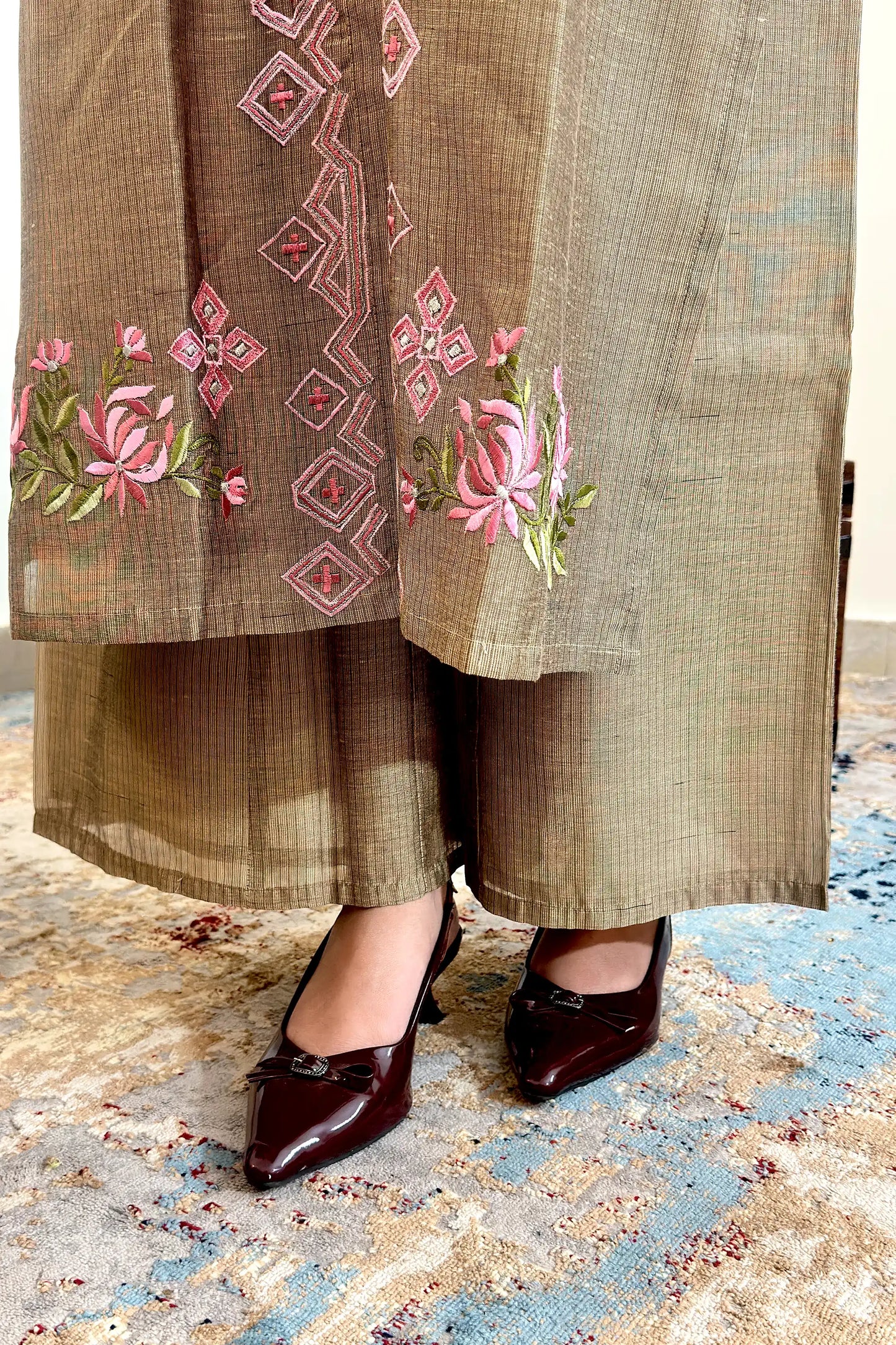 Taupe Chanderi Formal Wear Kurta Set with Resham Embroidery