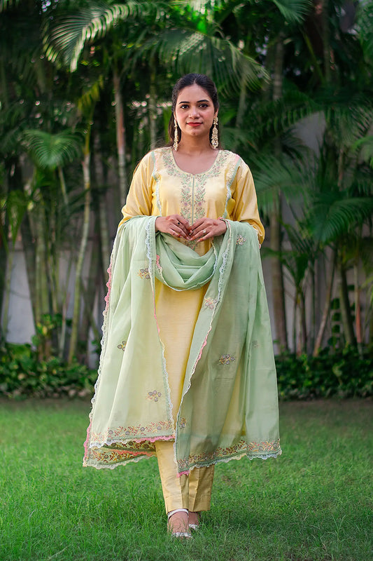 Yellow chanderi kurta, green chanderi dupatta & yellow trousers with hand embroidery