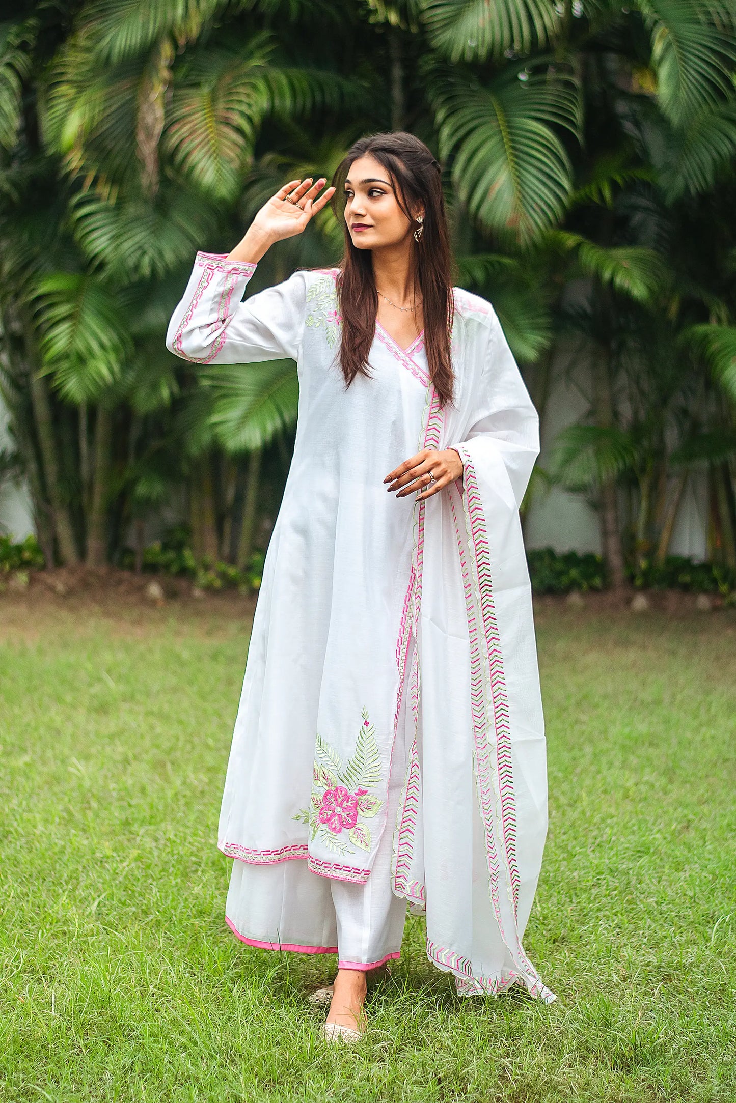 White chanderi resham embroidered angarkha and dupatta with white palazzo
