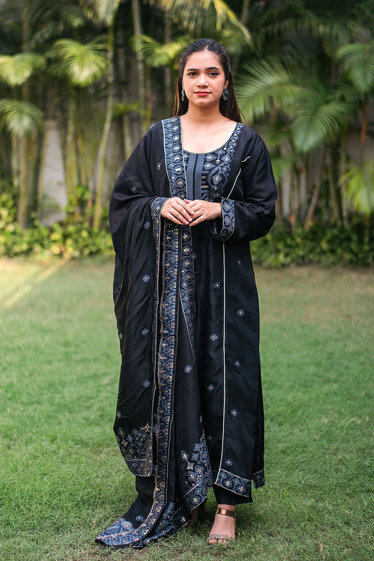 Black silk resham & zari weave kurta & dupatta with black trousers