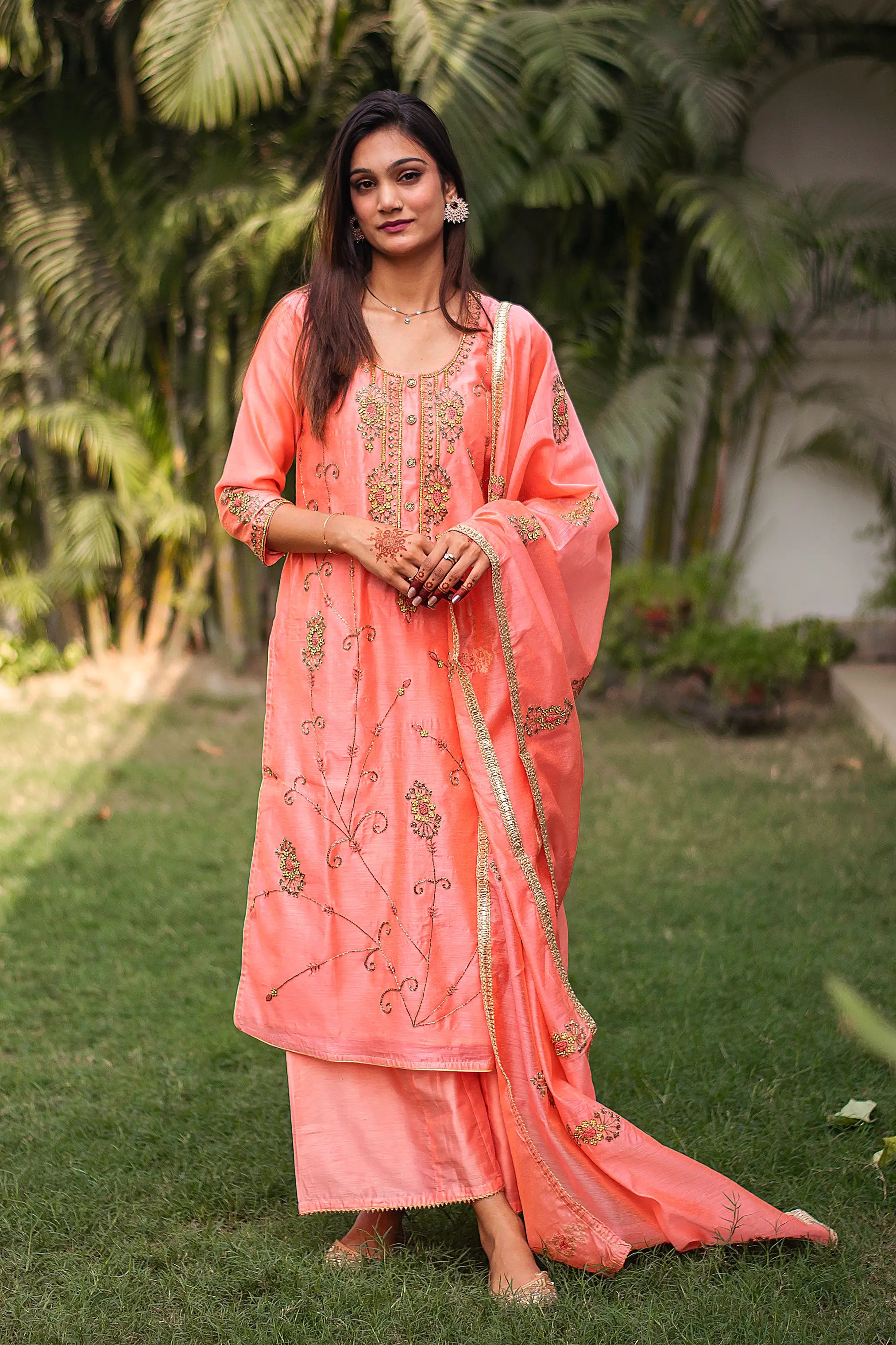 Peach Chanderi Floral Printed Mid Open Kurta With Skirt.