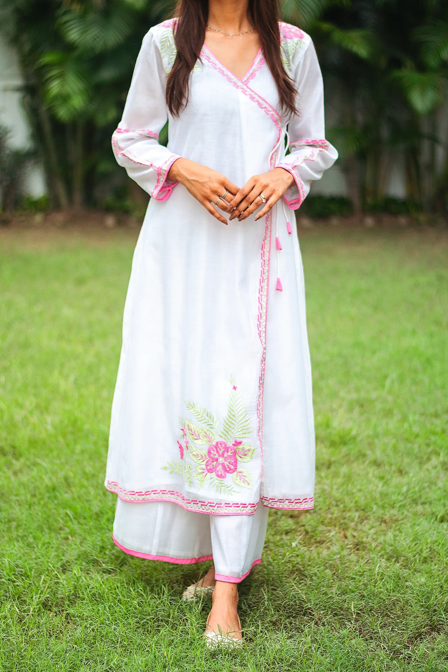 White chanderi resham embroidered angarkha and dupatta with white palazzo