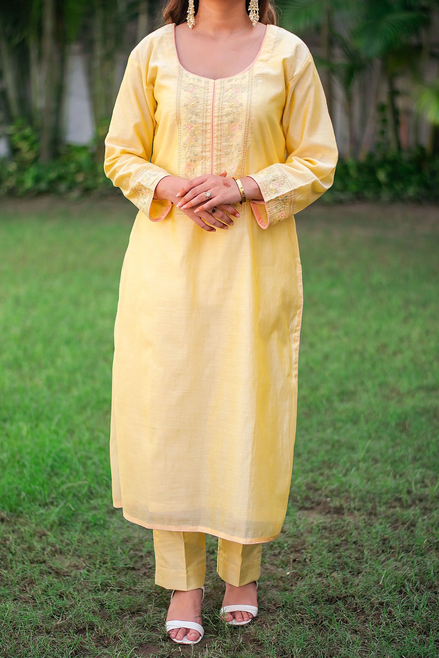 Yellow chanderi kurta, peach chanderi dupatta & yellow trousers with hand embroidery