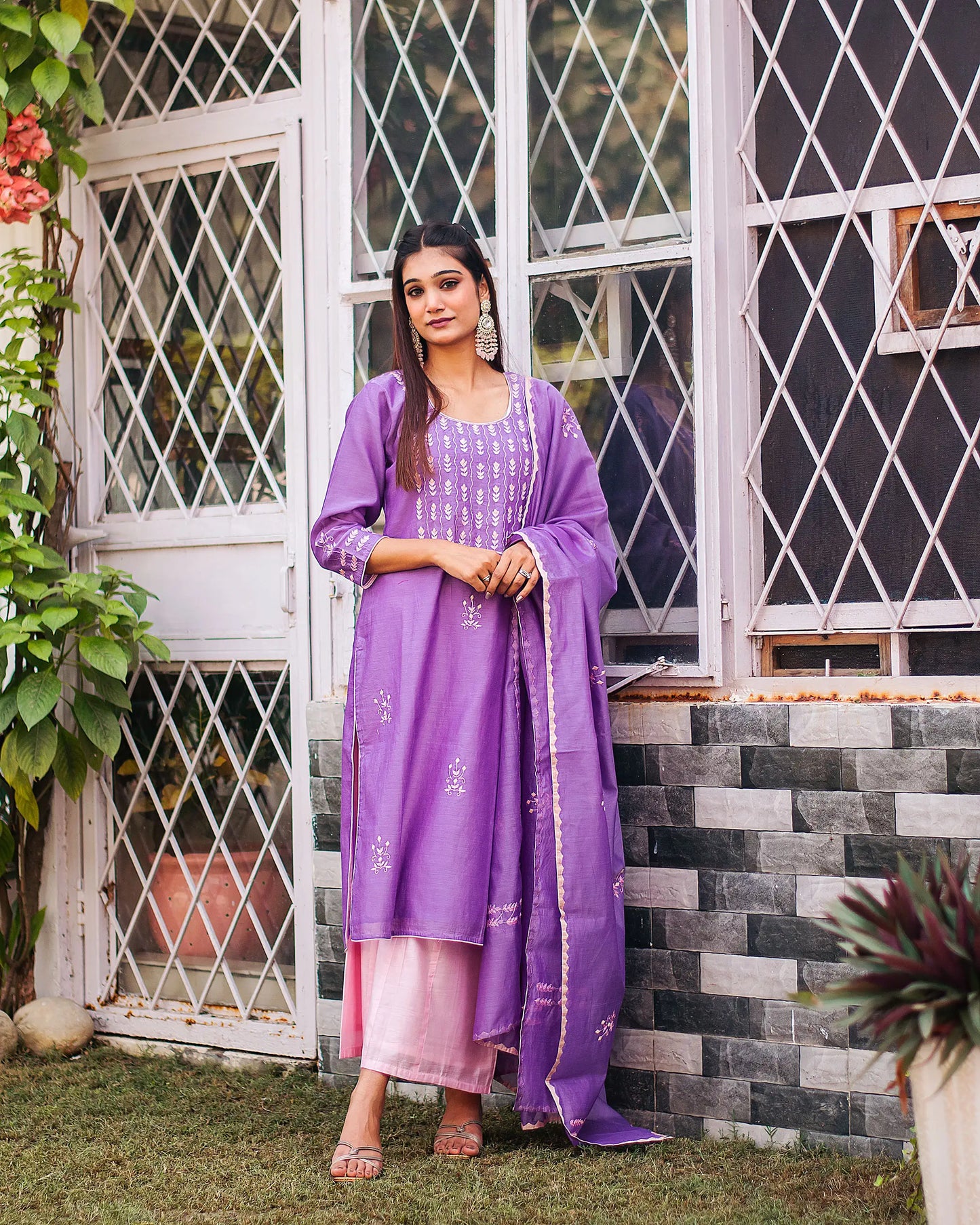 Another alternate front view (full suit, top to bottom): Another perspective of the purple chanderi kurta, pale pink palazzo, and coordinating dupatta.