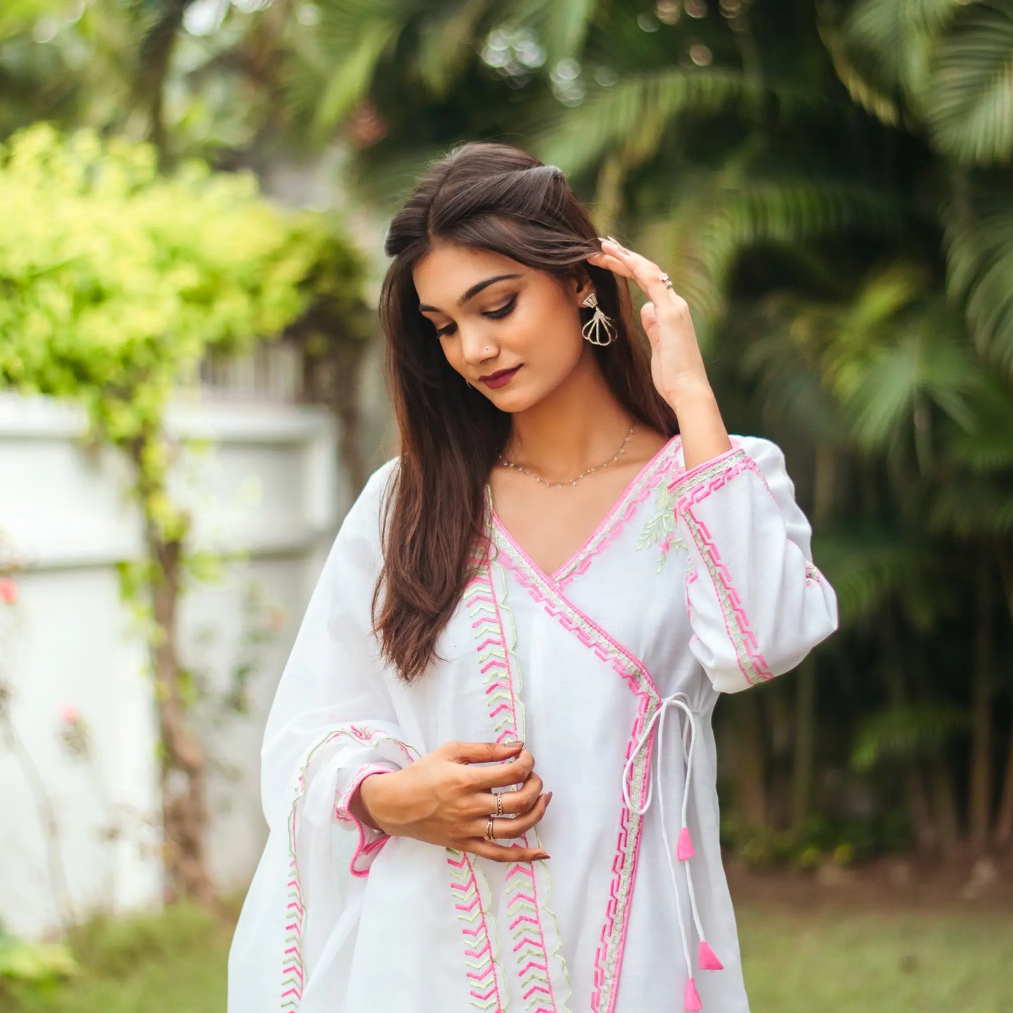 White chanderi resham embroidered angarkha and dupatta with white palazzo