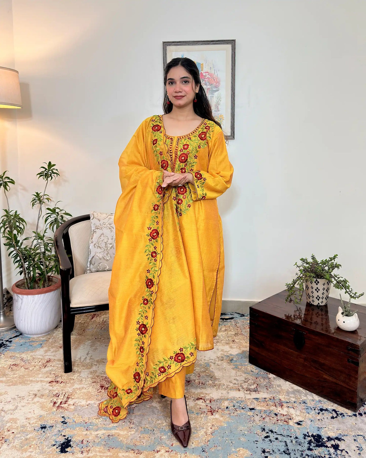 Yellow Chanderi Formal Wear Kurta Set with Floral Resham Embroidery