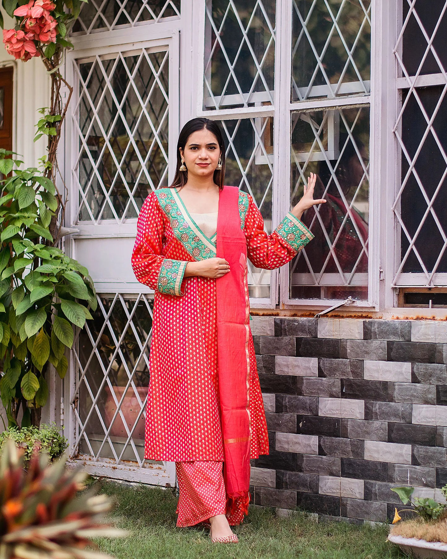 Coral red brocade zardozi work angrakha & palazzo with red chanderi dupatta