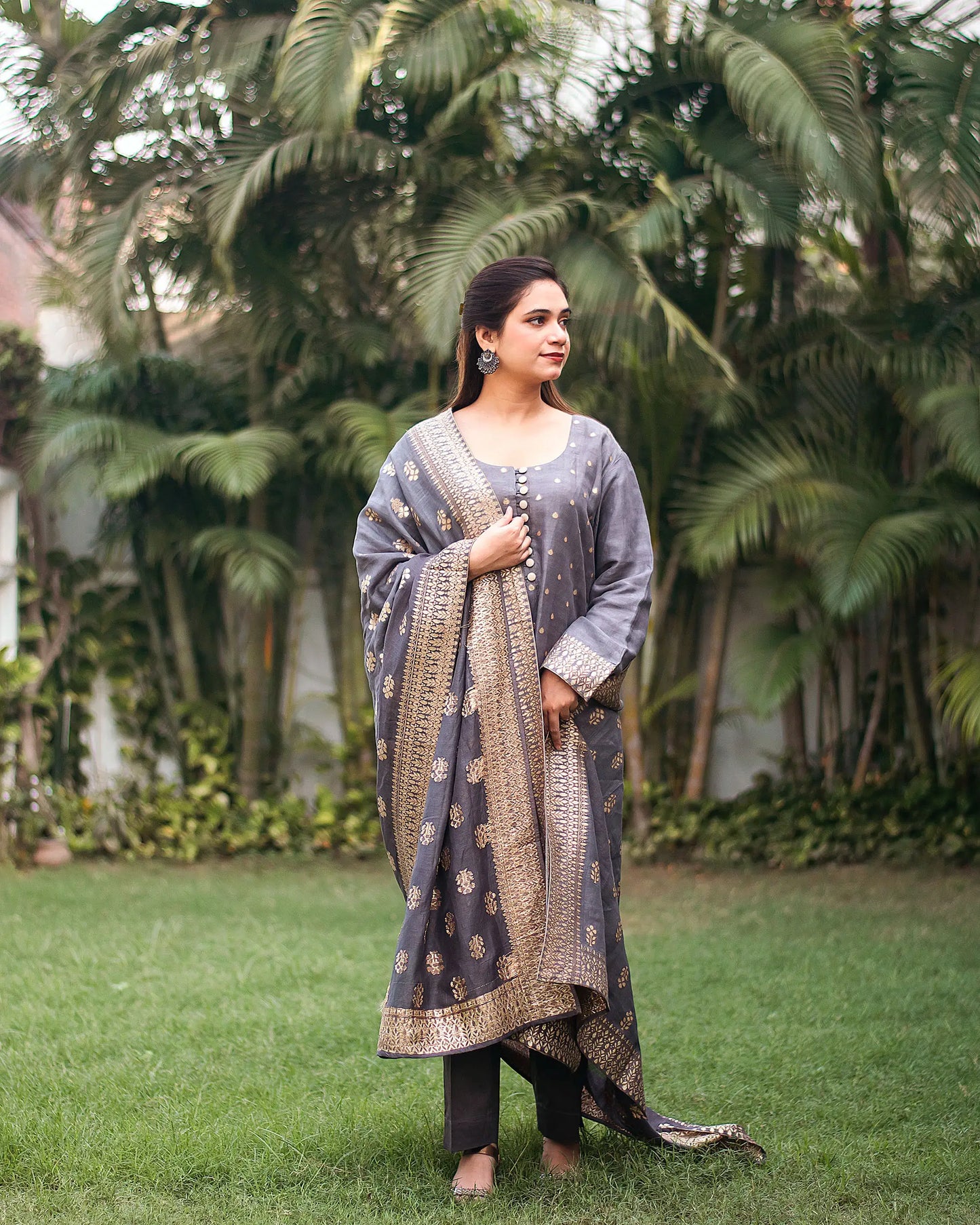 Grey silk zari weave kurta and dupatta with grey trousers