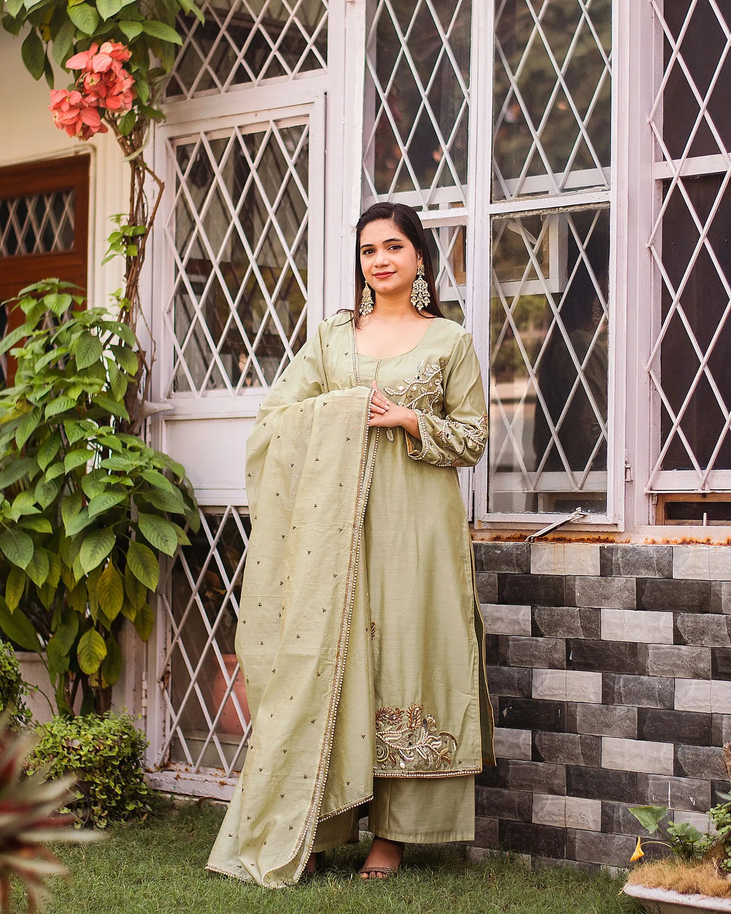 Sage green chanderi kurta, dupatta with aari embroidery & sage green palazzo