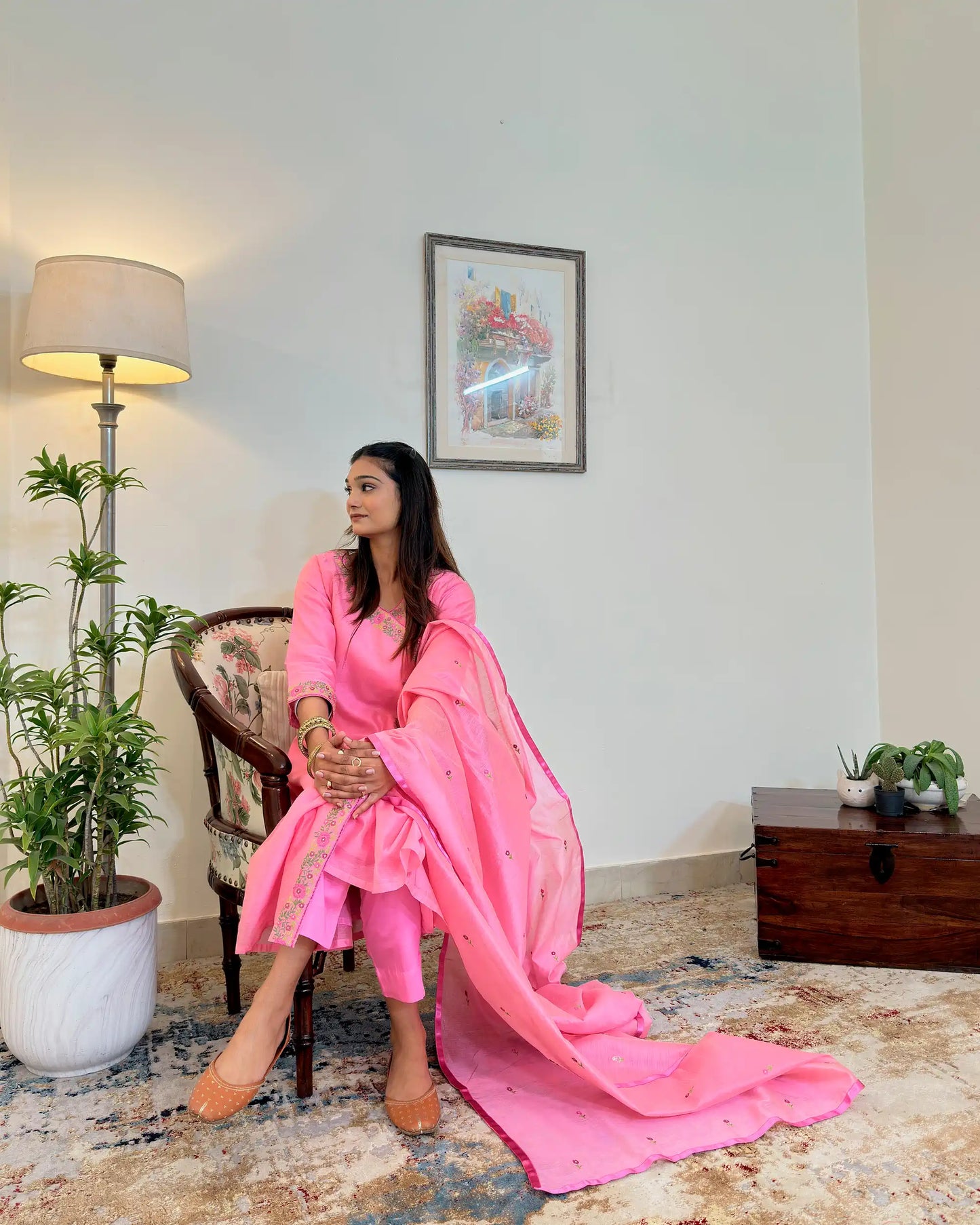 Pink Chanderi Resham Embroidered Angarkha Formal Wear Suit