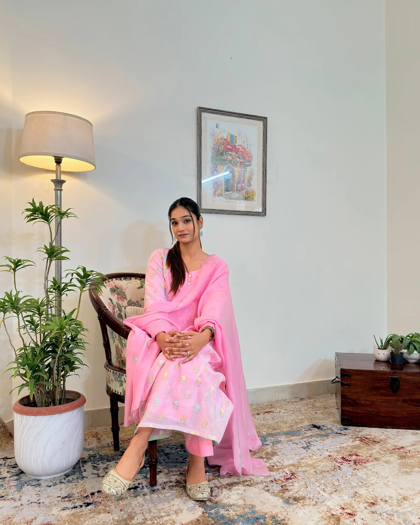 Pink Chanderi Formal Wear Kurta Set with Floral Embroidery