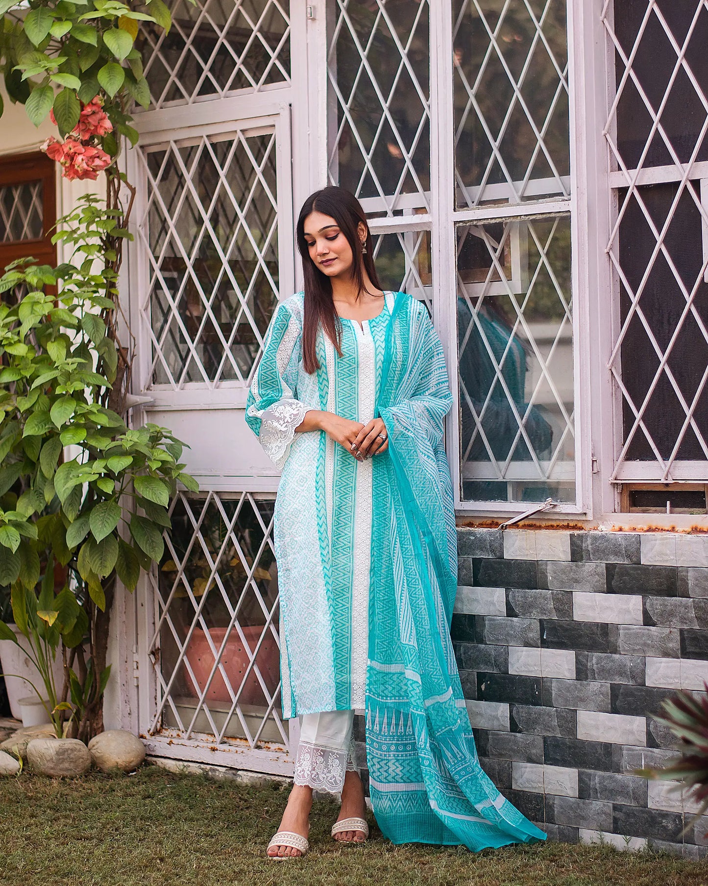Sea green kota embroidered kurta and dupatta with off white trousers
