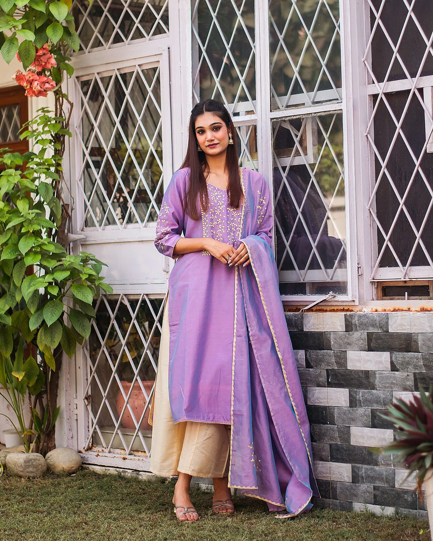 Another alternate front view (full suit, top to bottom): Another perspective of the iris purple chanderi kurta, beige palazzo, and coordinating dupatta.