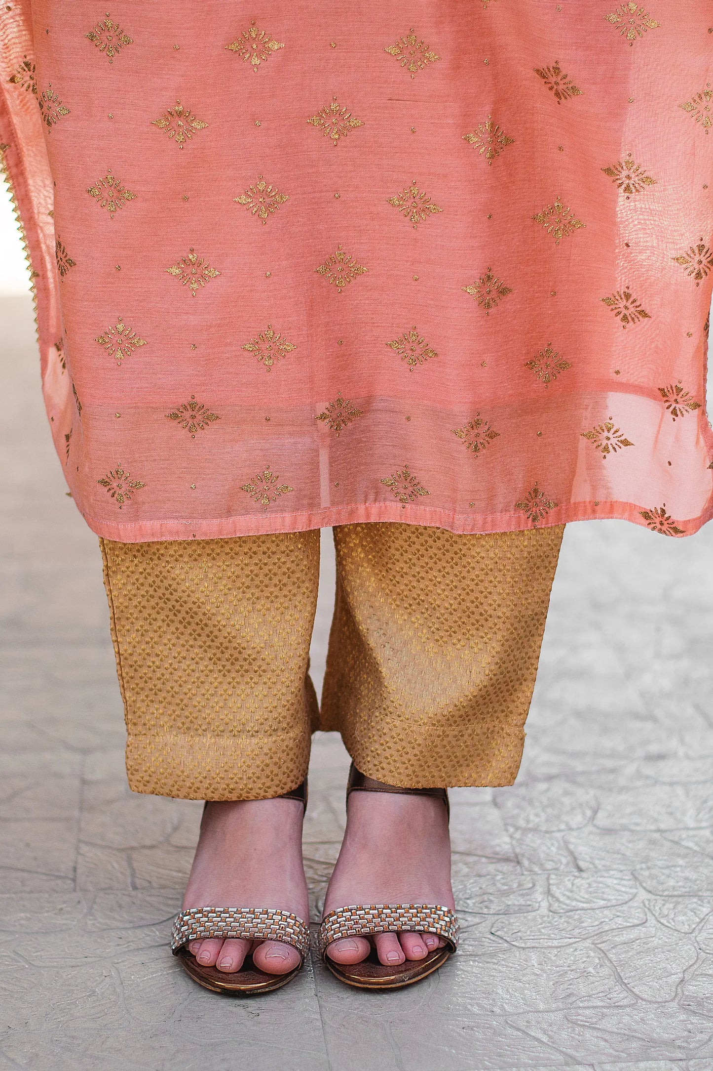 Zari Work Kurta with Peach Chanderi Foil Print Embroidery, Golden Crinkled Tissue Dupatta & Golden Palazzo