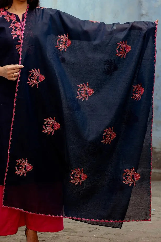 blue chanderi applique work kurta & dupatta and magenta palazzo