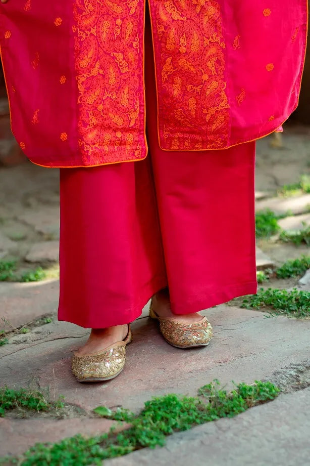 Magenta cotton silk resham embroidered kurta, magenta organza dupatta and Magenta palazzo