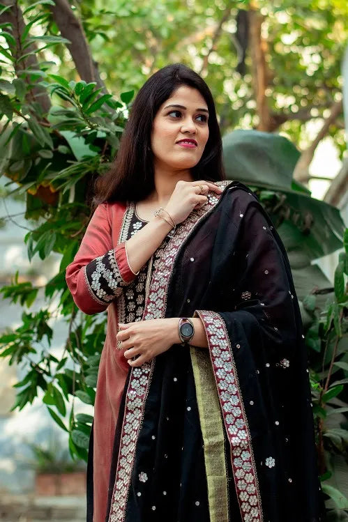 Maroon Chanderi Kurta with zardozi,Black Chanderi Dupatta with zardozi and Black Palazzo
