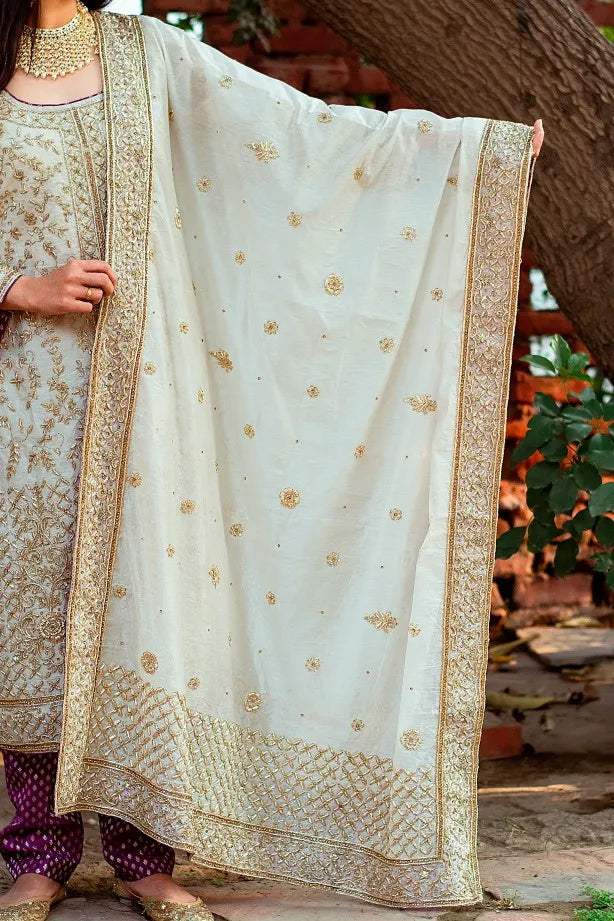 Silver White Chanderi Zardozi Work Kurta,Silver White Chanderi Dupatta With Purple Silk Trouser.