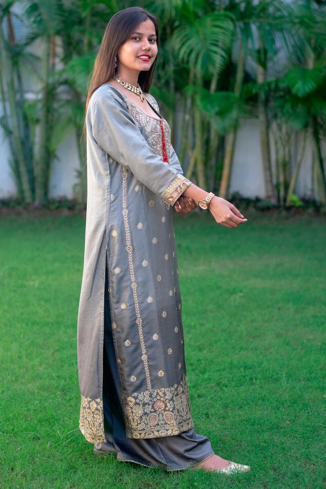 Grey Banarasi Silk Kurta With Zardozi, Grey Banarasi Silk Dupatta With Grey Palazzo