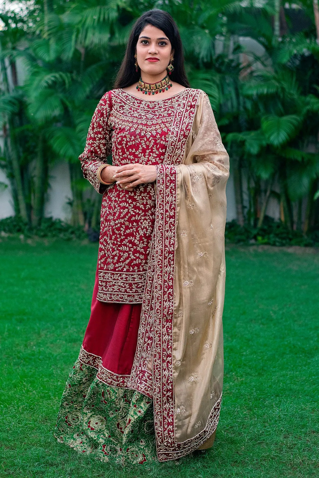 Maroon silk top and golden tissue dupatta with zardozi work and