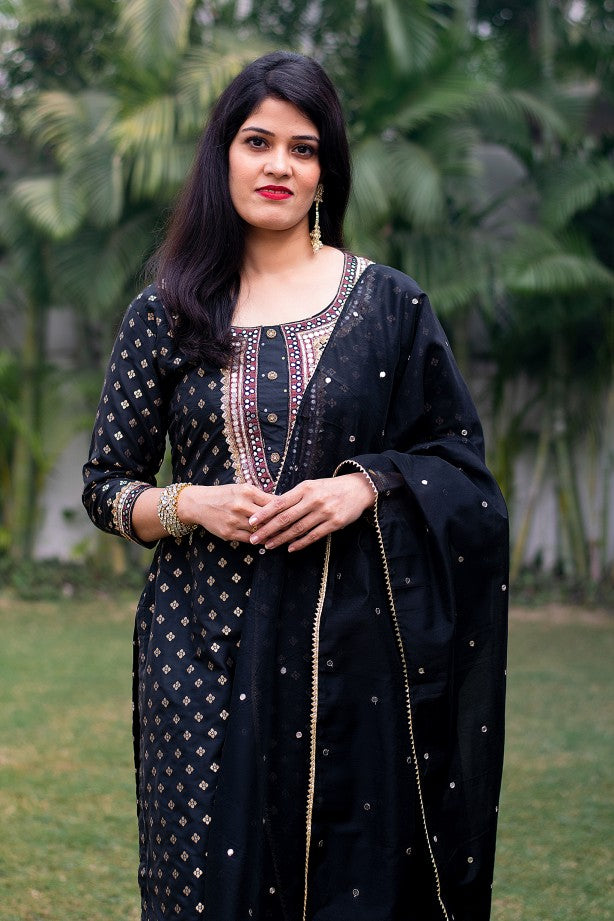 Dark Brown Straight Kurta Set With Palazzo & Black Chanderi Dupatta main image 1