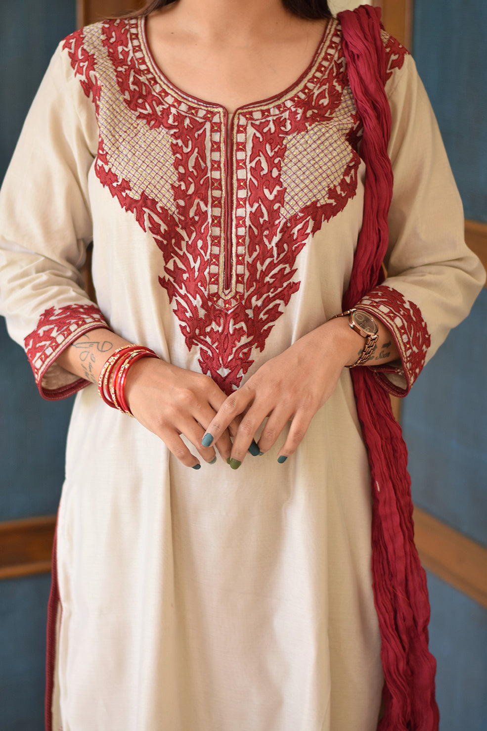 Grey Chanderi Cutwork Kurta, Maroon Crinkled Dupatta with Grey Palazzo