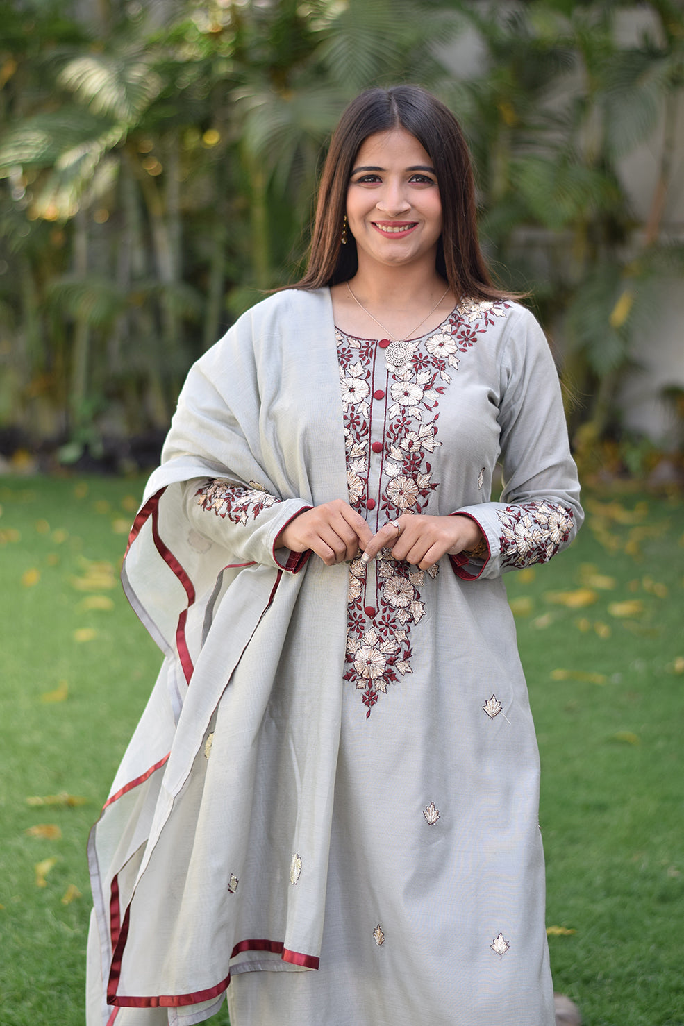 Light Grey Chanderi Resham and Gota Work Kurta and Dupatta with Grey Palazzo