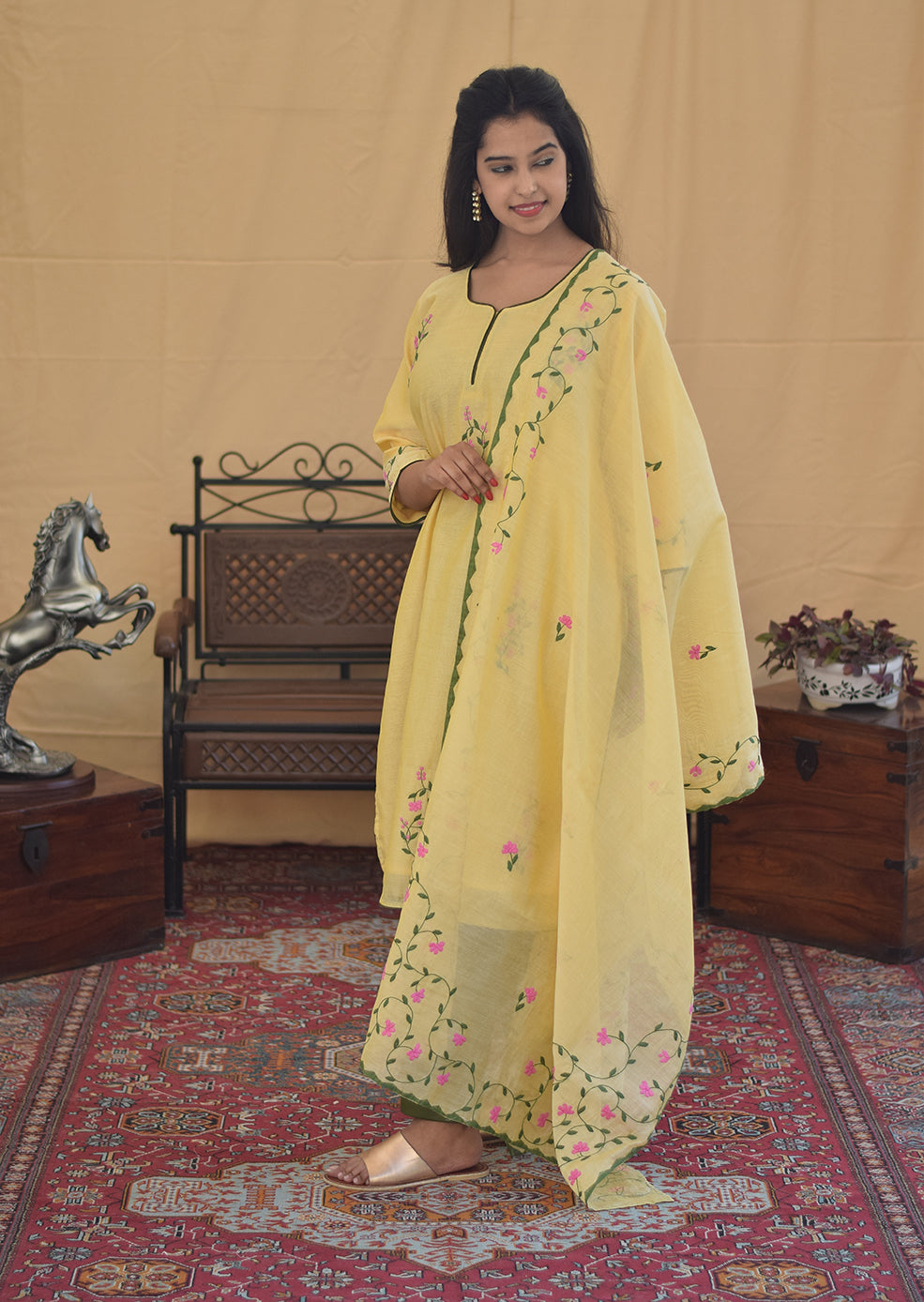 Yellow Chanderi Applique Work Kurta & Dupatta with Green Trousers
