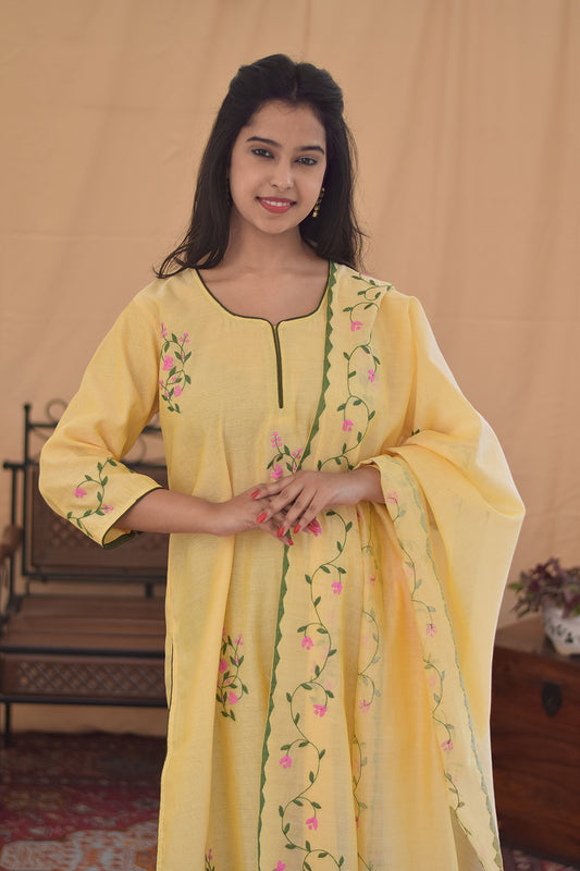 Yellow Chanderi Applique Work Kurta & Dupatta with Green Trousers