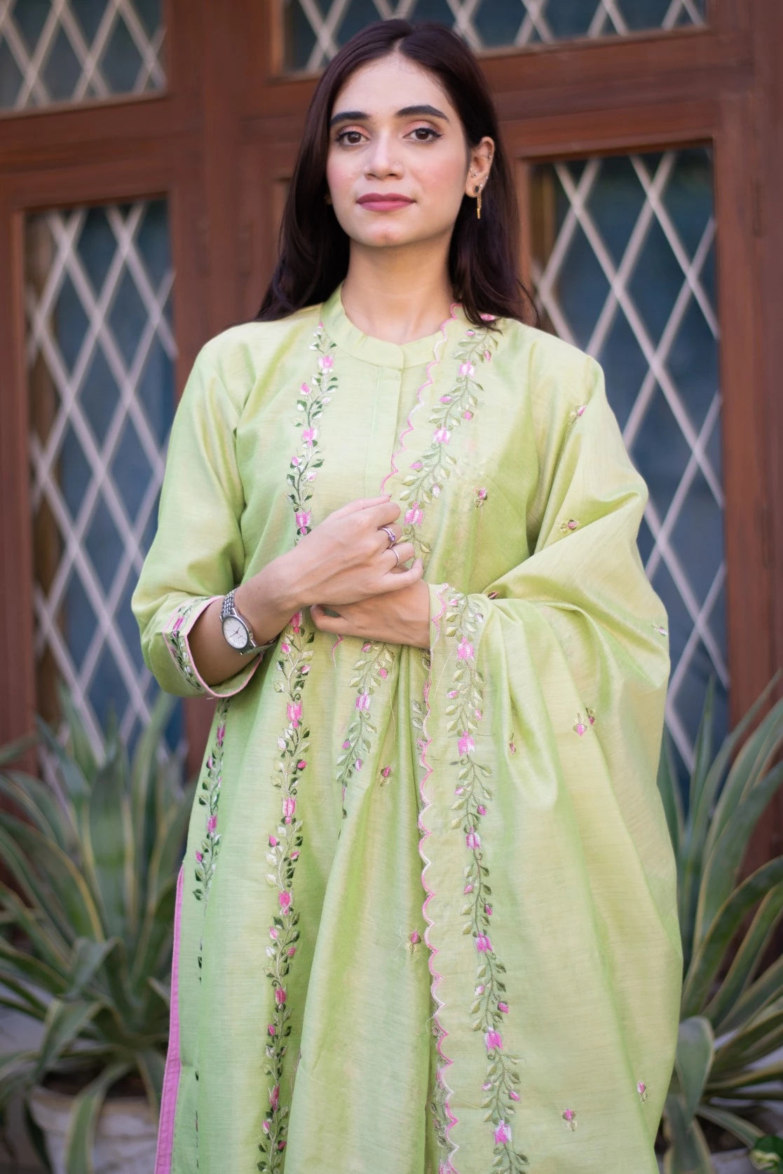 Lime Green Chanderi Resham Embroidered Kurta Dupatta with Lime Green Palazzo