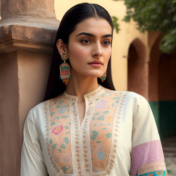 Indian women wearing colourful chikankari kurta set