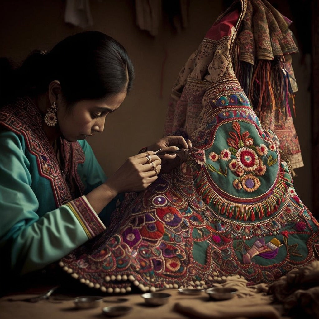 indian handicraft worker working on a applique work piece 