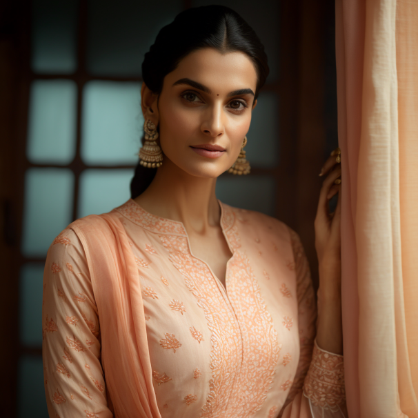 Indian Women wearing hand embroidered chikankari kurta set