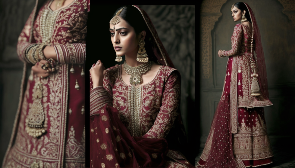 Indian women wearing hand embroidered red sharara set