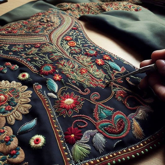 Hand embroidery applique work on a kurta by women