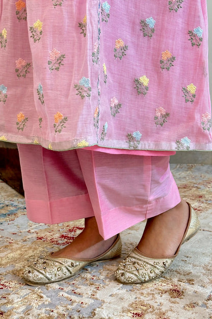 Pink Chanderi Formal Wear Kurta Set with Floral Embroidery