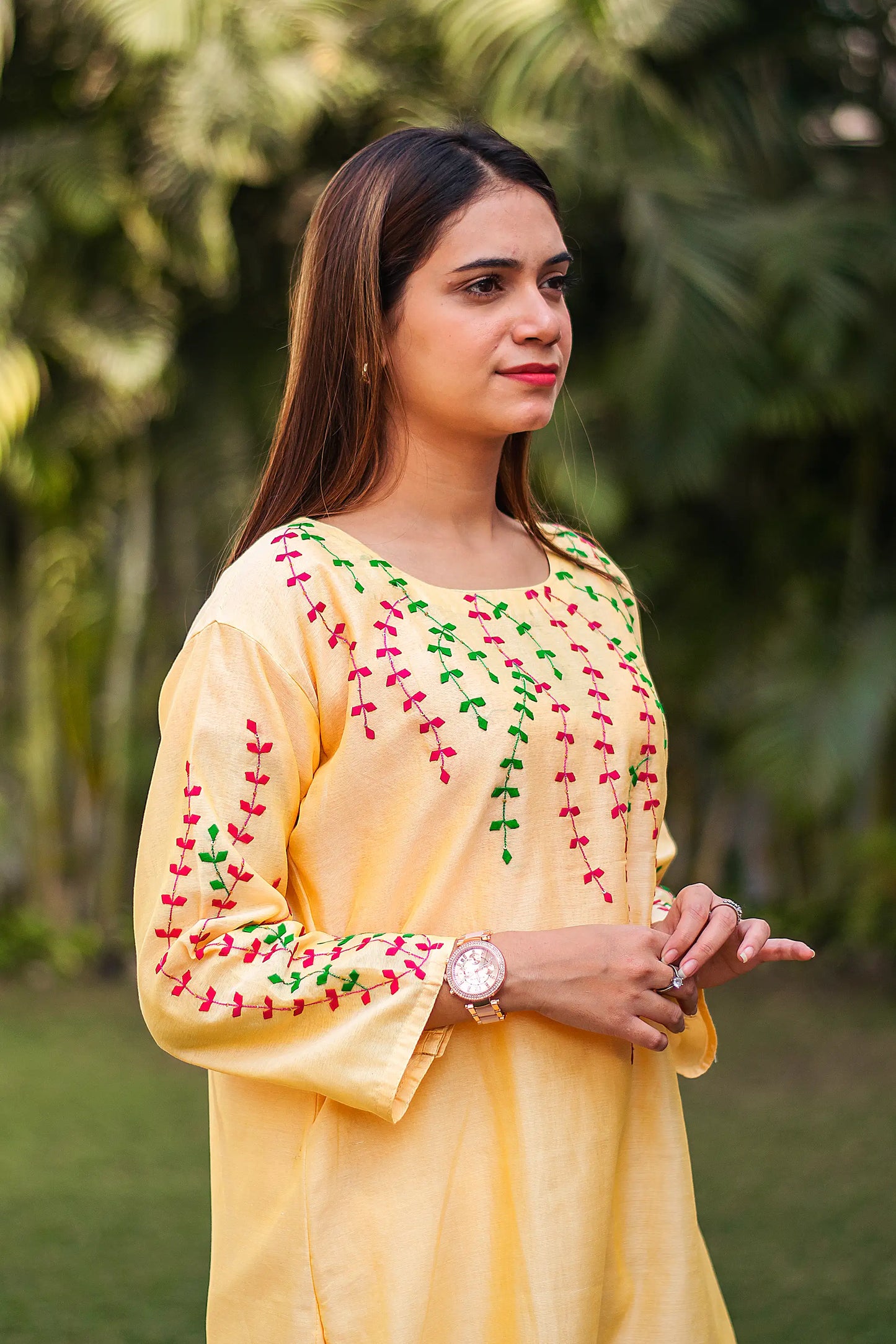 multicoloured applique work yellow chanderi kurta and dupatta with yellow trousers