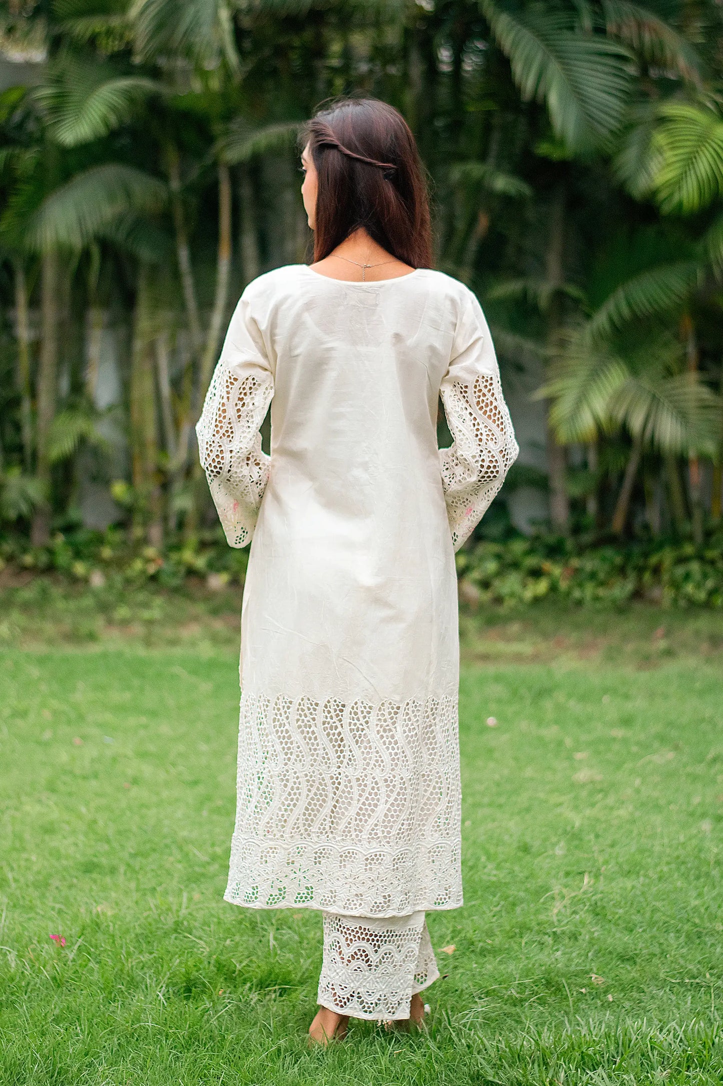 off-white cotton schiffli front-open kurti, dupatta with embroidery and off-white trousers
