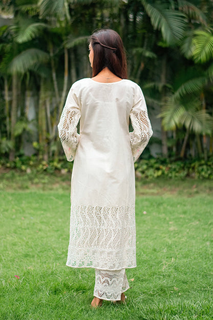 off-white cotton schiffli front-open kurti, dupatta with embroidery and off-white trousers