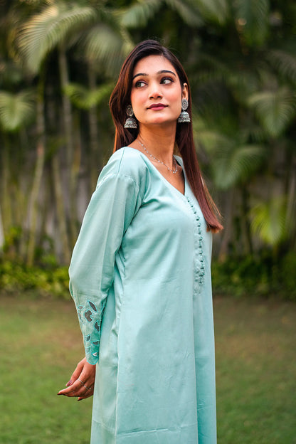 Pastel blue russian silk kurta & trousers, blue chanderi dupatta with cutwork