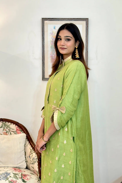 Green Zari Woven Linen Formal Wear Kurta Set