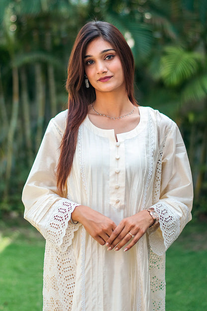 Off white cotton silk pintuck kurta, trousers and dupatta with schiffli work