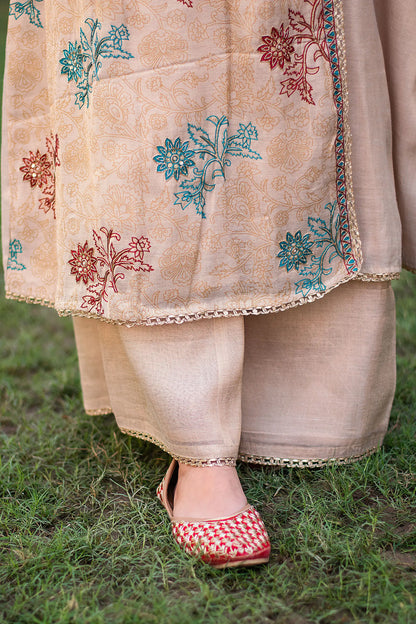 Beige angrakha kurta, palazzo and tissue dupatta with hand embroidery