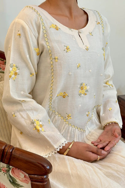 Off White Chanderi Formal wear  Kurta Set with Handworked Floral Motifs
