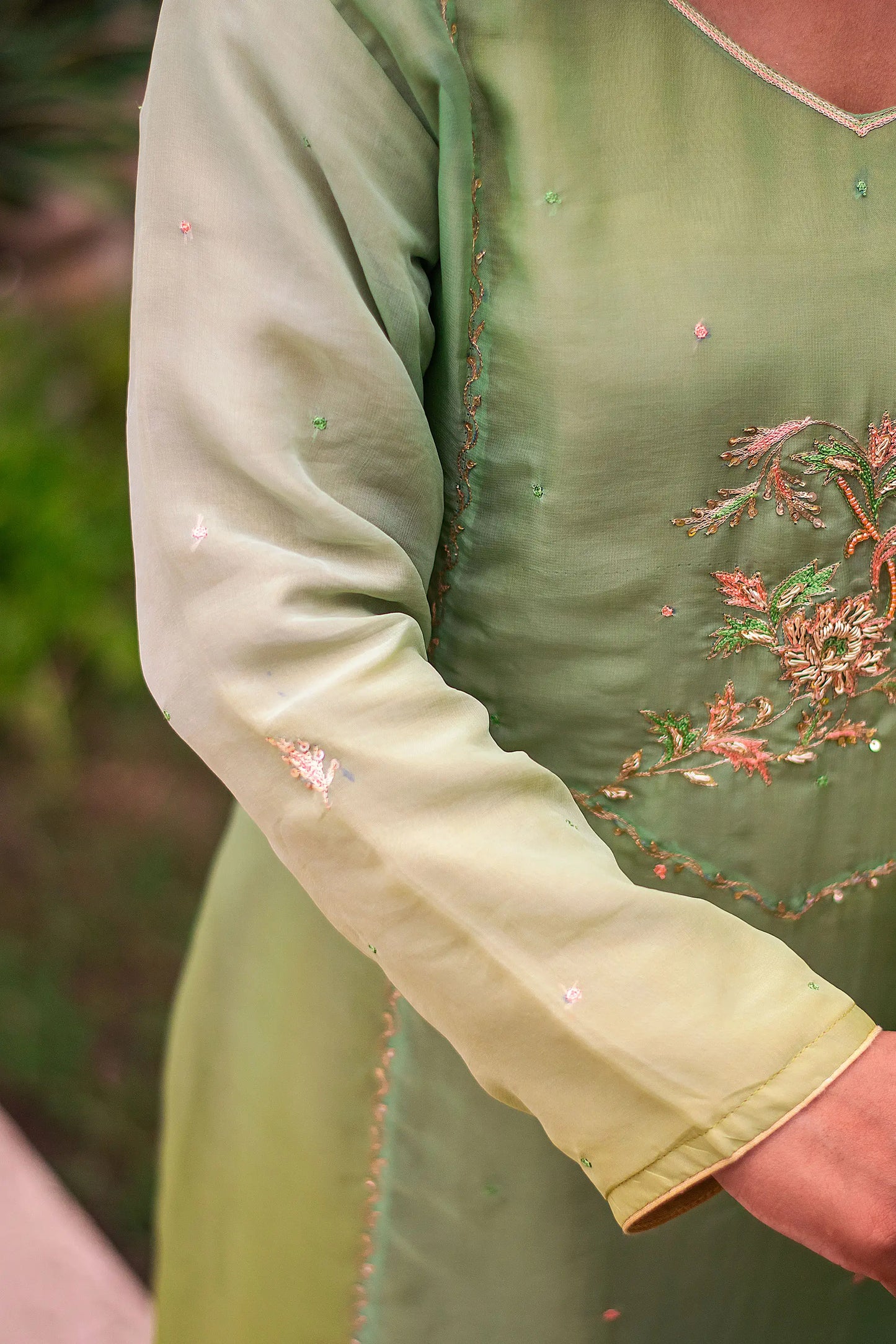 Green ombre organza kurta, green chiffon dupatta & golden trousers with zardozi work