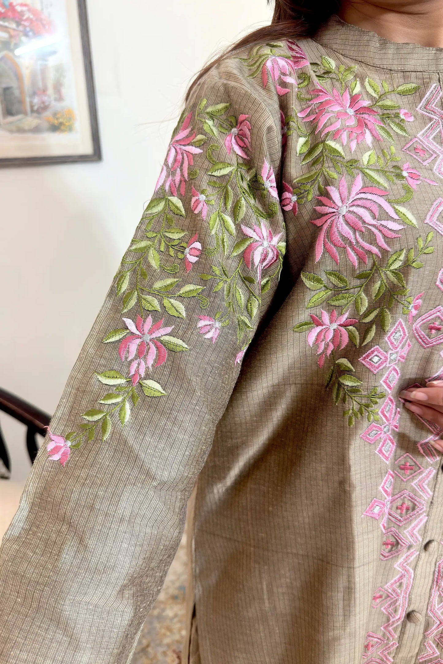 Taupe Chanderi Formal Wear Kurta Set with Resham Embroidery